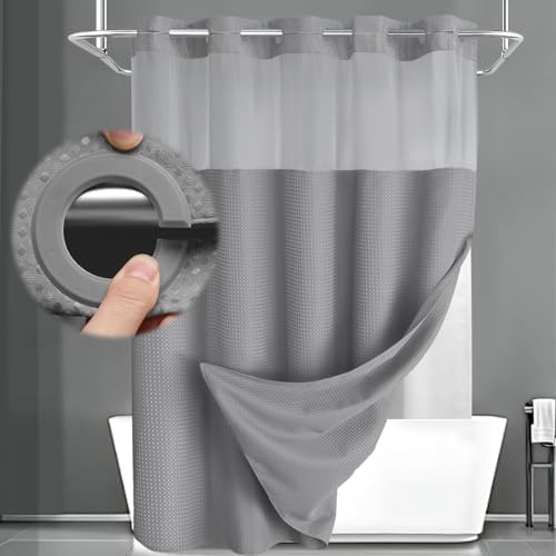 No Hook Shower Curtain with Liner Set Hotel Waffle Curtain Grey 58W X 75L