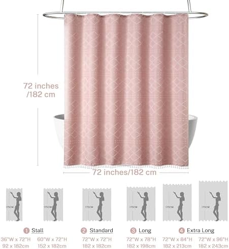 Siiluminisoy Boho Pink Textured Shower Curtain with Tassels 72 x 72 Tufted Chevron Striped Chenille Woven Fabric Cloth Shower Curtain Modern Farmhouse Minimalist, Shabby Chic Home Decor for Bathroom