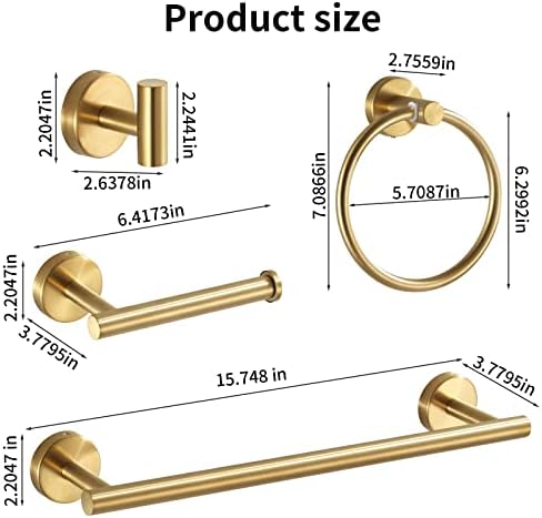 Bathroom Hardware Set Brushed Gold, 10pcs Towel Bar Set Including 2pcs16 inch Towel Bars, Toilet Paper Holders, Towel Rings and 4pcs Robe Towel Hooks