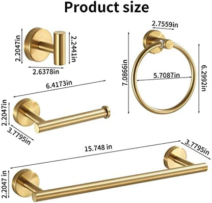 Bathroom Hardware Set Brushed Gold, 10pcs Towel Bar Set Including 2pcs16 inch Towel Bars, Toilet Paper Holders, Towel Rings and 4pcs Robe Towel Hooks