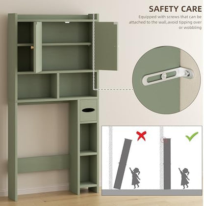 Shintenchi Over the Toilet Storage Cabinet, Bathroom Storage Cabient with Barn Doors, Bathroom Storage Shelf Organizer with Toilet Paper Holder, Adjustable Shelf and Anti-Tip Device, Green
