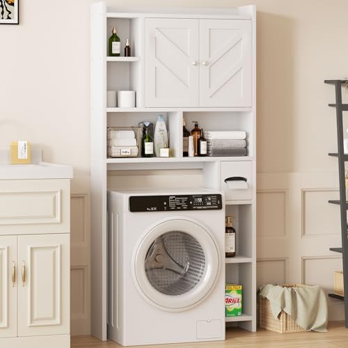 Shintenchi Over the Toilet Storage Cabinet, Bathroom Storage Cabient with Barn Doors, Bathroom Storage Shelf Organizer with Toilet Paper Holder, Adjustable Shelf and Anti-Tip Device, White