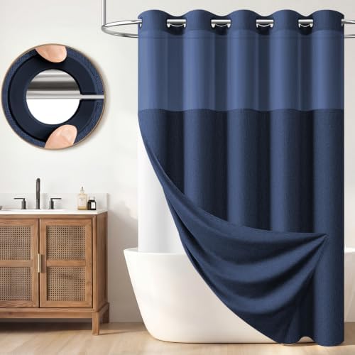 BTTN 72x81 Ringless Linen Look Shower Curtain with Snap in Liner, Navy Blue