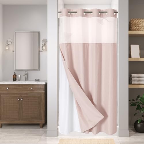 eachope No Hook Linen Texture Shower Curtain with Snap-in Liner,54x74 Blush