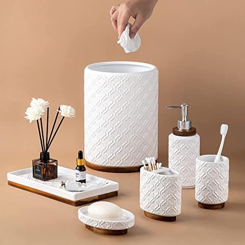 RQYIXI Ceramic Bathroom Accessories Set,White,6 Piece,Embossed Design