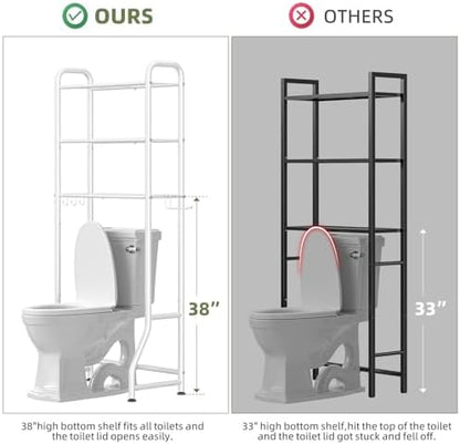 Simple Trending Over The Toilet Storage Rack, Metal 3 Tier Bathroom Organizer Shelf with Paper Holder and 3 Hooks, Freestanding Shelf Space Saver Above Toilet, White