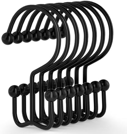 Goowin Shower Curtain Hooks, 12 Pcs Shower Curtain Rings, Durable Rust Proof Black Shower Curtain Hooks, Shower Rings for Curtain, Double Glide Shower Hooks for Shower Curtain Rods, Black
