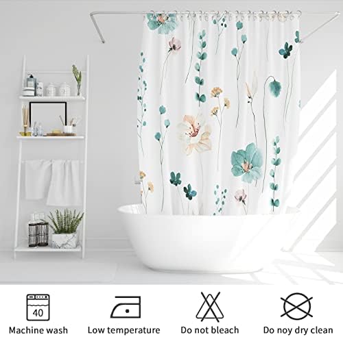 Gibelle Teal Beige Watercolor Floral Fabric Shower Curtain 72x72