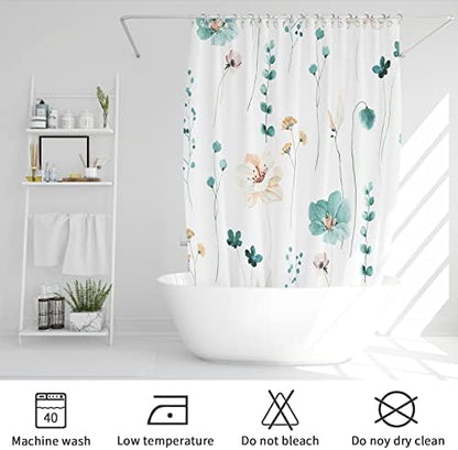 Gibelle Teal Beige Watercolor Floral Fabric Shower Curtain 72x72