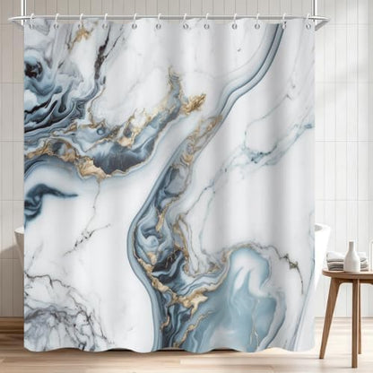 Ocean Blue Marble Shower Curtain Modern Abstract Luxury Gold Ink Texture Gray Ombre Watercolor Bathroom Curtain Set with Hooks Soft and Lightweight Waterproof Fabric Machine Washable 48"Wx72"L