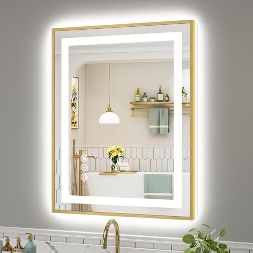 28x36 Inch LED Bathroom Mirror with Gold Frame, Backlit & Front Lit