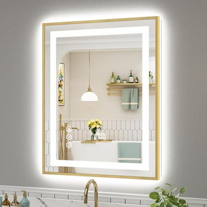 28x36 Inch LED Bathroom Mirror with Gold Frame, Backlit & Front Lit