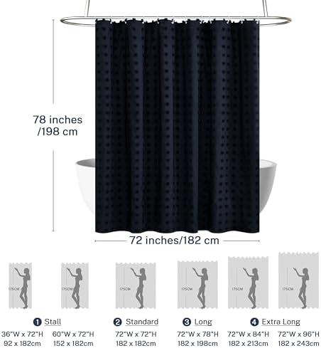 Siiluminisoy Extra Long Boho Shower Curtain Woven Fabric Navy Blue Shower Curtain, 72 x 78 Tufted Pleat Floral Puffs Textured Modern Minimalist Shower Curtain Set with Hooks for Bathroom
