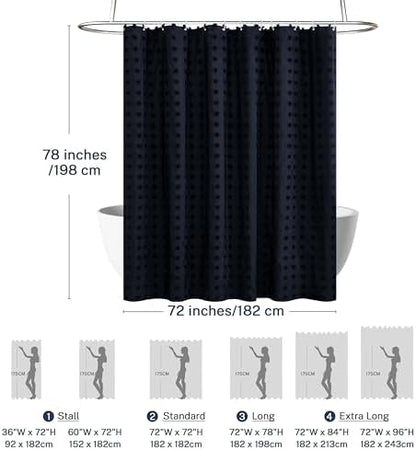 Siiluminisoy Extra Long Boho Shower Curtain Woven Fabric Navy Blue Shower Curtain, 72 x 78 Tufted Pleat Floral Puffs Textured Modern Minimalist Shower Curtain Set with Hooks for Bathroom