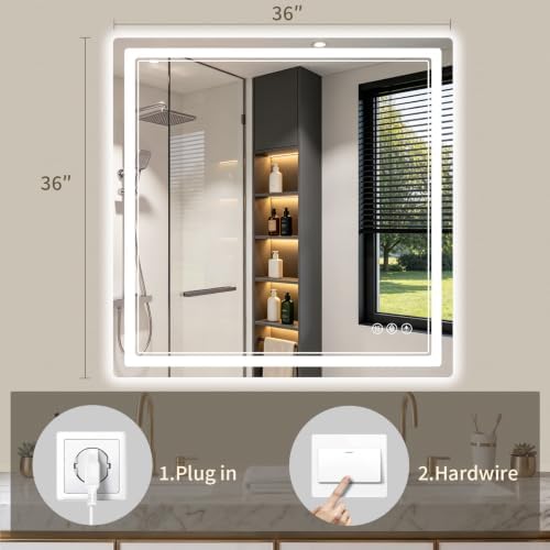 36"x36" LED Bathroom Mirror with Lights, Backlit + Front Lit, Anti-Fog, Lighted Bathroom Mirror for Wall, HD Shatterproof Tempered Glass, Dimmable, Memory Function (Horizontal/Vertical)