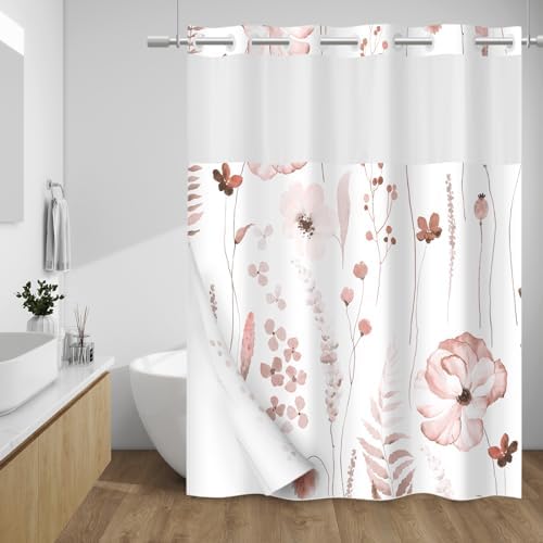 WITHLOC No Hook Floral Shower Curtain with Liner, Blush, 71x74
