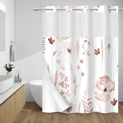 WITHLOC No Hook Floral Shower Curtain with Liner, Blush, 71x74