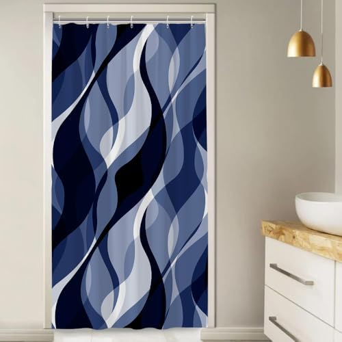 Navy Blue Striped Stall Shower Curtain with Hooks, 36x72 Inch