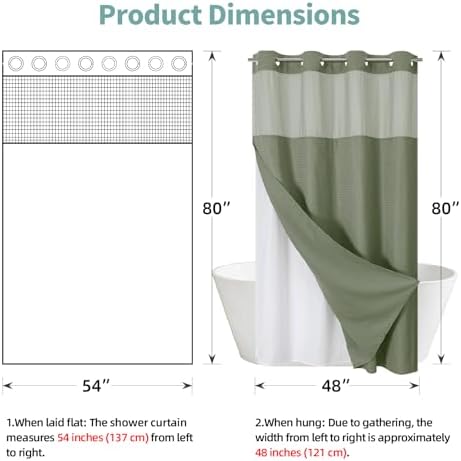 No Hook Waffle Shower Curtain with Snap-in Liner, 54x80 Inch, Sage Green