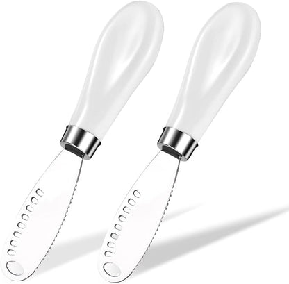 AISBUGUR 2 Pack Stainless Steel Butter Spreader Knife with Holes Multifunction Butter Knife with White Porcelain Handle, Cheese Butter Spreader Knives for Kitchen