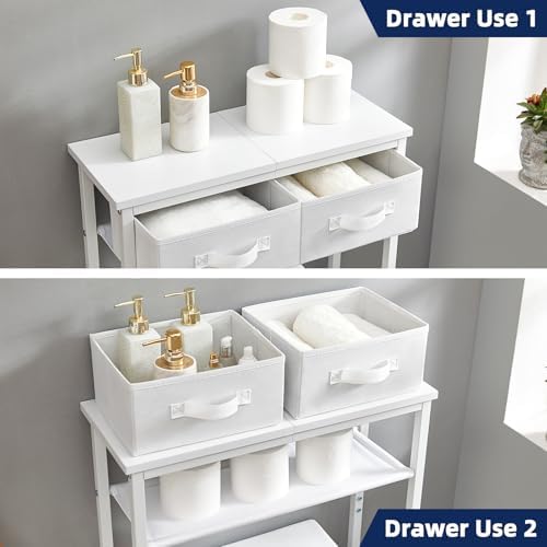 MOHOPE 2-Tier Over The Toilet Storage with 2 Fabric Drawers, Freestanding Above The Toilet Storage Cabinet, Space Saver Metal Over Toilet Bathroom Organizer Shelf for Small Space, White