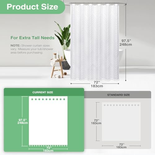 Dynamene Extra Long Boho Shower Curtain Tufted Chevron 72"x96" White