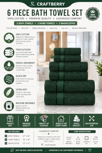 6 Piece Bath Towel Set, 2 Bath, 2 Hand, 2 Washcloths, Dark Green