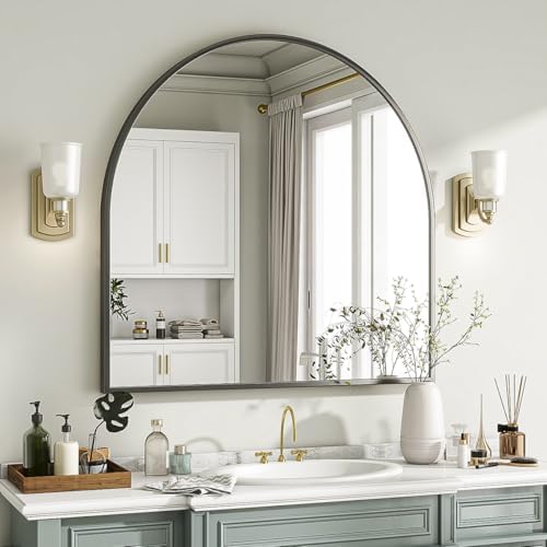 VooBang Wide Arched Wall Mirror, 31 x 32 inch Arch Bathroom Mirror Black