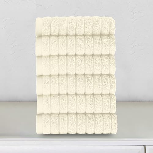 Elegant Comfort 100% Turkish Cotton Corduroy Ribbed Luxury Washcloths 6 Pack Soft 13 x 13 Inch - Higly Absorbent, Durable, Quick Dry, Spa Premium Hotel Quality for Bathroom or Travel, Ivory