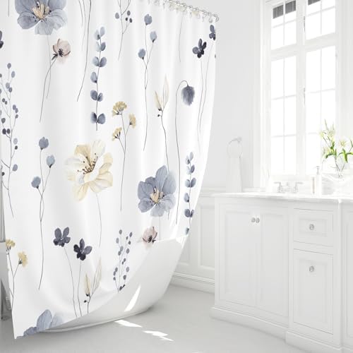 Gibelle Grey Beige Watercolor Floral Fabric Shower Curtain, 72x72