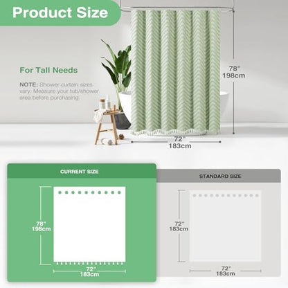 Dynamene Long Boho Farmhouse Shower Curtain Tufted Chevron 72x78 Sage Green