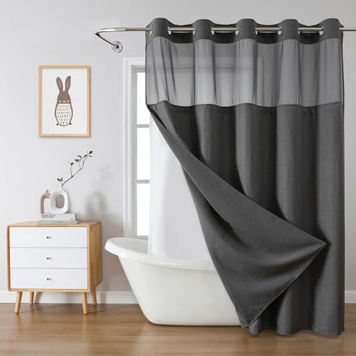 No Hook Waffle Shower Curtain with Snap-in Liner, 71x77 Inch, Charcoal