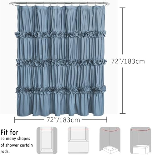 Homechoice Decor Dusty Blue Ruffle Shower Curtain, Vintage Handcrafted Bow Tie Bath Curtain for Master Bathroom, Ruched Microfiber Bathroom Curtain with 12 Buttonholes, 72" W x 72" H (LQ-10)