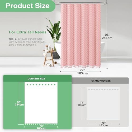 Dynamene Extra Long Boho Shower Curtain Tufted Chevron 72"x96" Pink