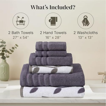 Modern Threads 6 Piece Bath Towel Set – Bathroom Set with 2 Bath Towels, 2 Hand Towels, and 2 Wash Cloths – 100% Cotton, Super Absorbent & Extra Soft – Reversible Natural Vine (Purple)