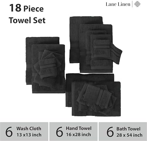 LANE LINEN Large Bath Towel Set Absorbent Quick Dry 100% Cotton - Black