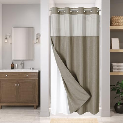 eachope No Hook Fabric Shower Curtain with Snap-in Liner,54x80 Khaki/Tan