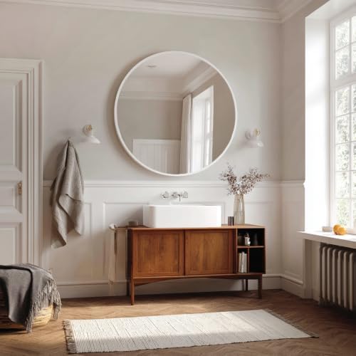 Sunniry Big Wall Mirror 42 inch, White Bathroom Mirror, Matte Metal Frame