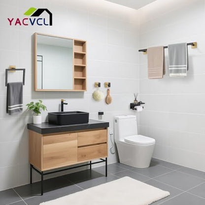 YACVCL 5-Pieces Black and Gold Bathroom Hardware Accessories Set Stainless Steel Bathroom Towel Bar Set Towel Holder Set for Bathroom,Upgraded Toilet Paper Holder with Shelf,Wall Mounted 23.6"