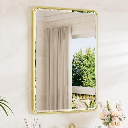 TETOTE Brushed Gold Bathroom Mirror for Over Sink 24 x 36 Beveled Edge Tempered Glass, Rounded Corner Rectangle Framed Mirror for Modern Bathroom, Living Room, Bedroom, Entryway