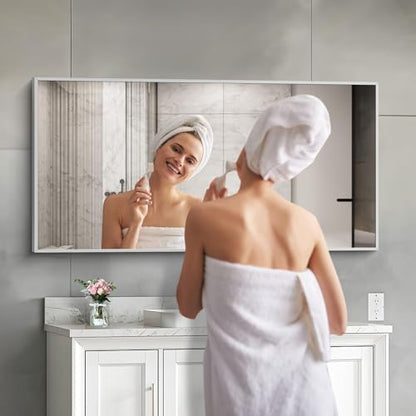 COFENY 48x24In Silver Bathroom Mirror for Wall, Brushed Nickel Rectangle Mirrors with Metal Frame, Bathroom Rectangular Mirror Modern Wall Mirror for Bedroom Living Room, Hangs Horizontal or Vertical