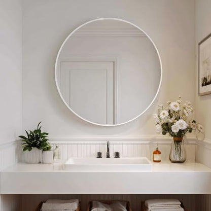 Sunniry Big Round Mirror 36 inch, White Circle Mirror, Matte Metal Frame