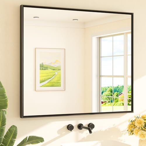 TETOTE Black Bathroom Mirror Beveled Frame 42" x 36" Black Rectangle Metal Framed Bathroom Vanity Wall Mirror for Over Sink, Tempered Glass, Modern Farmhouse Bedroom, Entryway, Living Room