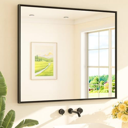 TETOTE Black Bathroom Mirror Beveled Frame 42" x 36" Black Rectangle Metal Framed Bathroom Vanity Wall Mirror for Over Sink, Tempered Glass, Modern Farmhouse Bedroom, Entryway, Living Room