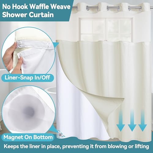 Conbo Mio No Hook Waffle Weave Shower Curtain with Snap in Liner Set, Hotel Luxury Beige Shower Curtains for Bathroom with See Through Top Window, Waterproof, Washable 71W x 74H