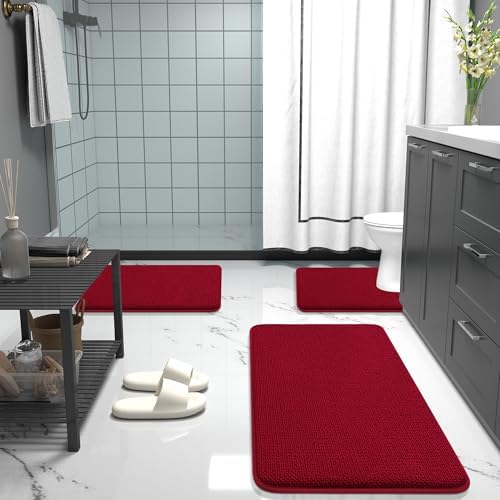 OLANLY Memory Foam Bathroom Runner Rug 44x24, Absorbent Long Bath Mat, Red