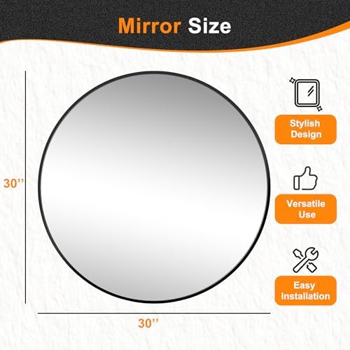 Delma 30 Inch Black Round Circle Mirror for Bathroom Wall, Metal Frame