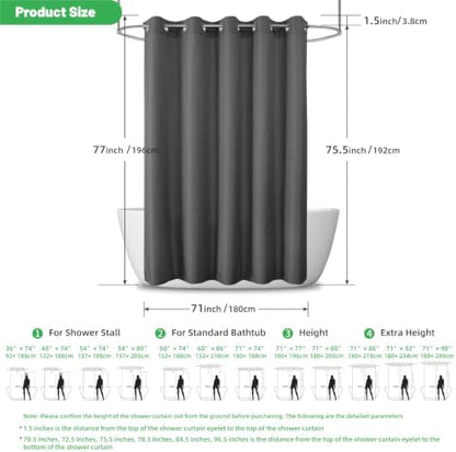 No Hook Waffle Shower Curtain, No Liner Needed, 71x74 Inch, Charcoal Grey