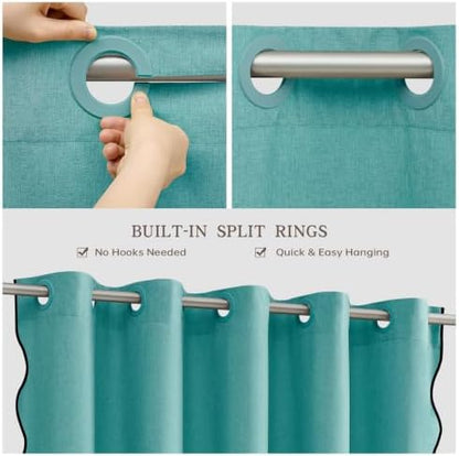 Furlinic No Hook Scalloped Shower Curtain Boho Teal Waterproof Linen 55x78