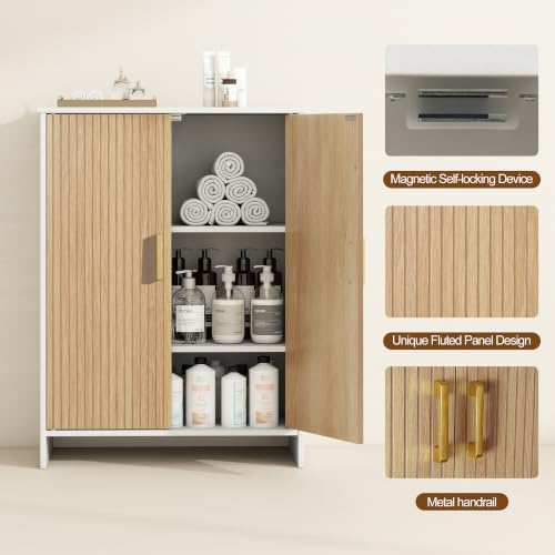 Bathroom Storage Cabinet, Floor Cabinet with 2 Fluted Doors and 2 Adjustable Shelves Wooden Freestanding Organizers and Storage, White